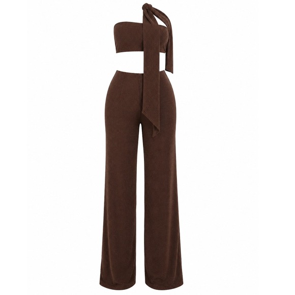 Fashion Nova Pants - Jumpsuit Crochet Brown One Shoulder Cutout Sz M Fashion Nova